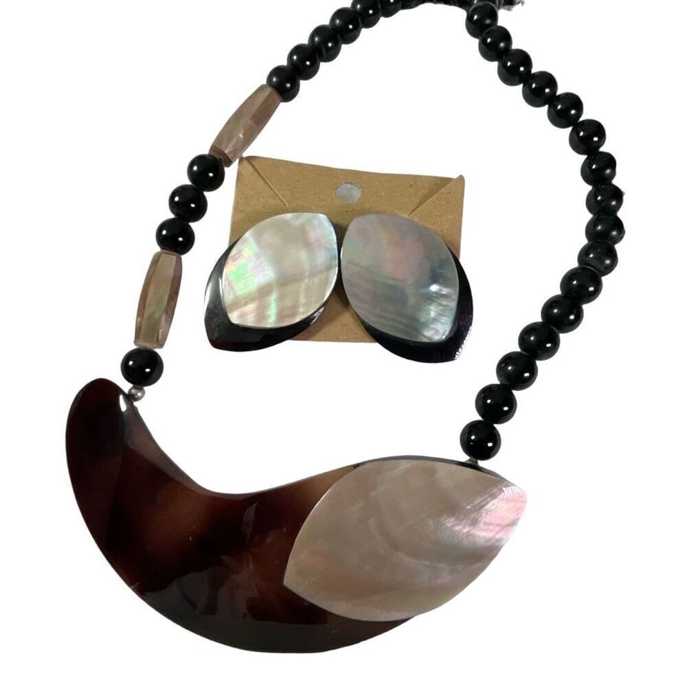 Vintage Karla Jordan art to wear mother of pearl glass necklace earrings set.